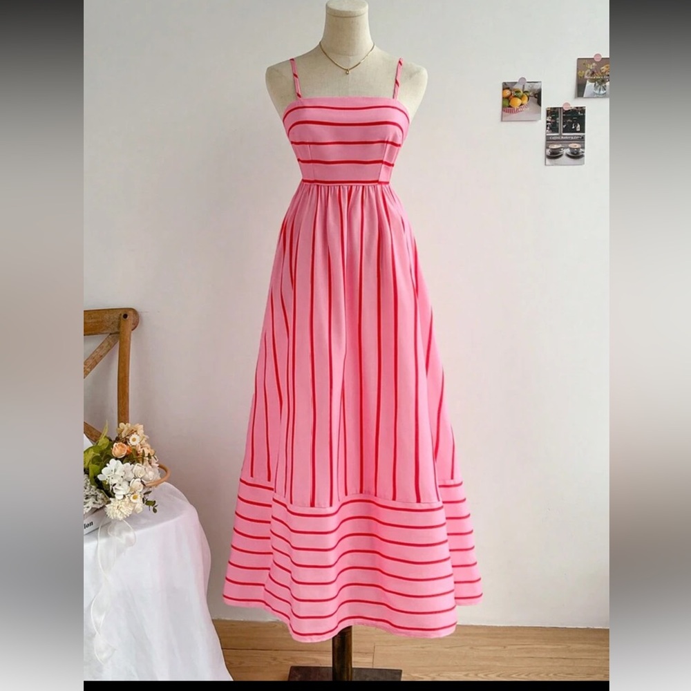 Soleia Vacation Seaside Spaghetti‎ Strap Backless Bow Flare Striped Dress